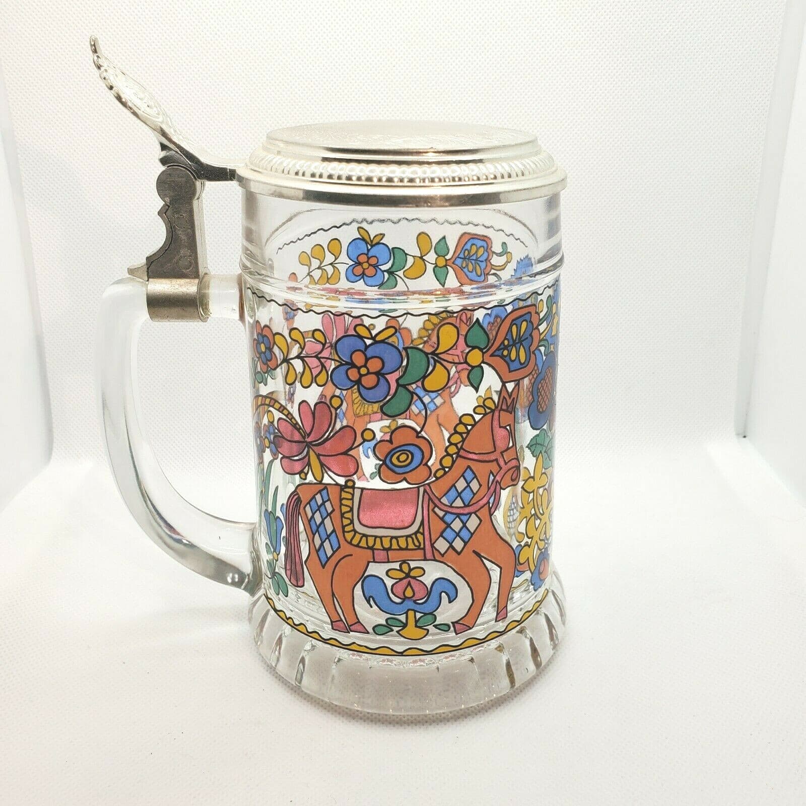 BMFN W-Germany Embossed Lidded Colorful Horses Floral Glass Beer Stein Mug