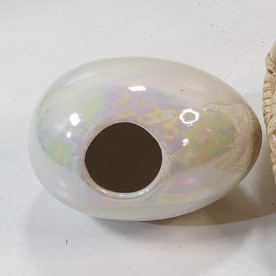 Vintage Hobbyist Pearlized Ceramic Jesus Praying Hands Egg with Basket 3.75" - Thumbnail 5