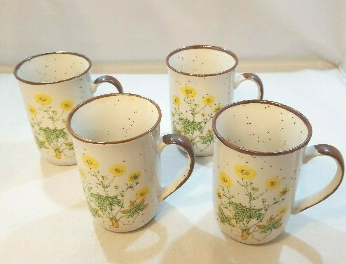 Buttercup Flower Japanese Stoneware Mugs Brown Speckled NO. 104 Japan Set of 4