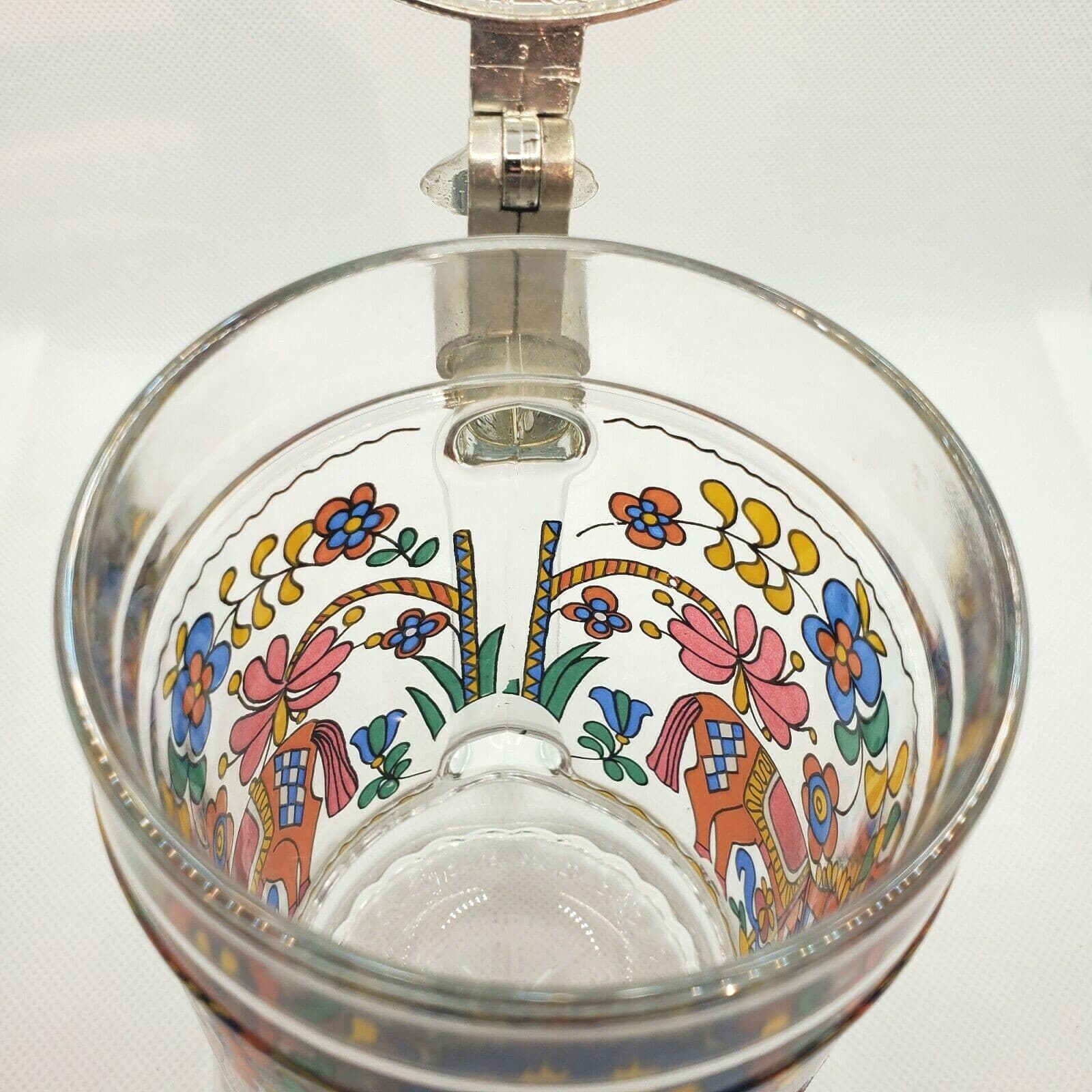 BMFN W-Germany Embossed Lidded Colorful Horses Floral Glass Beer Stein Mug - Thumbnail 6