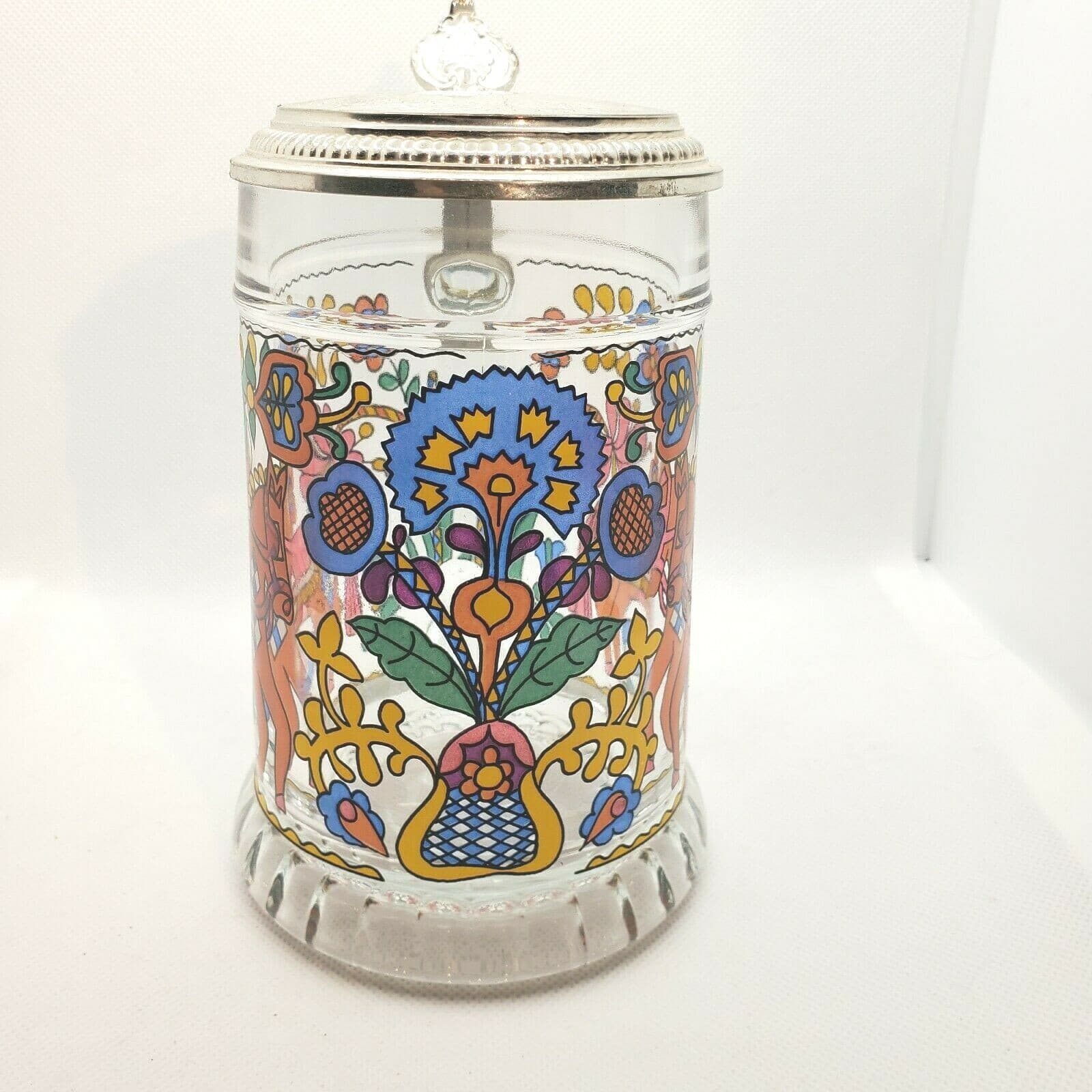 BMFN W-Germany Embossed Lidded Colorful Horses Floral Glass Beer Stein Mug - Thumbnail 2
