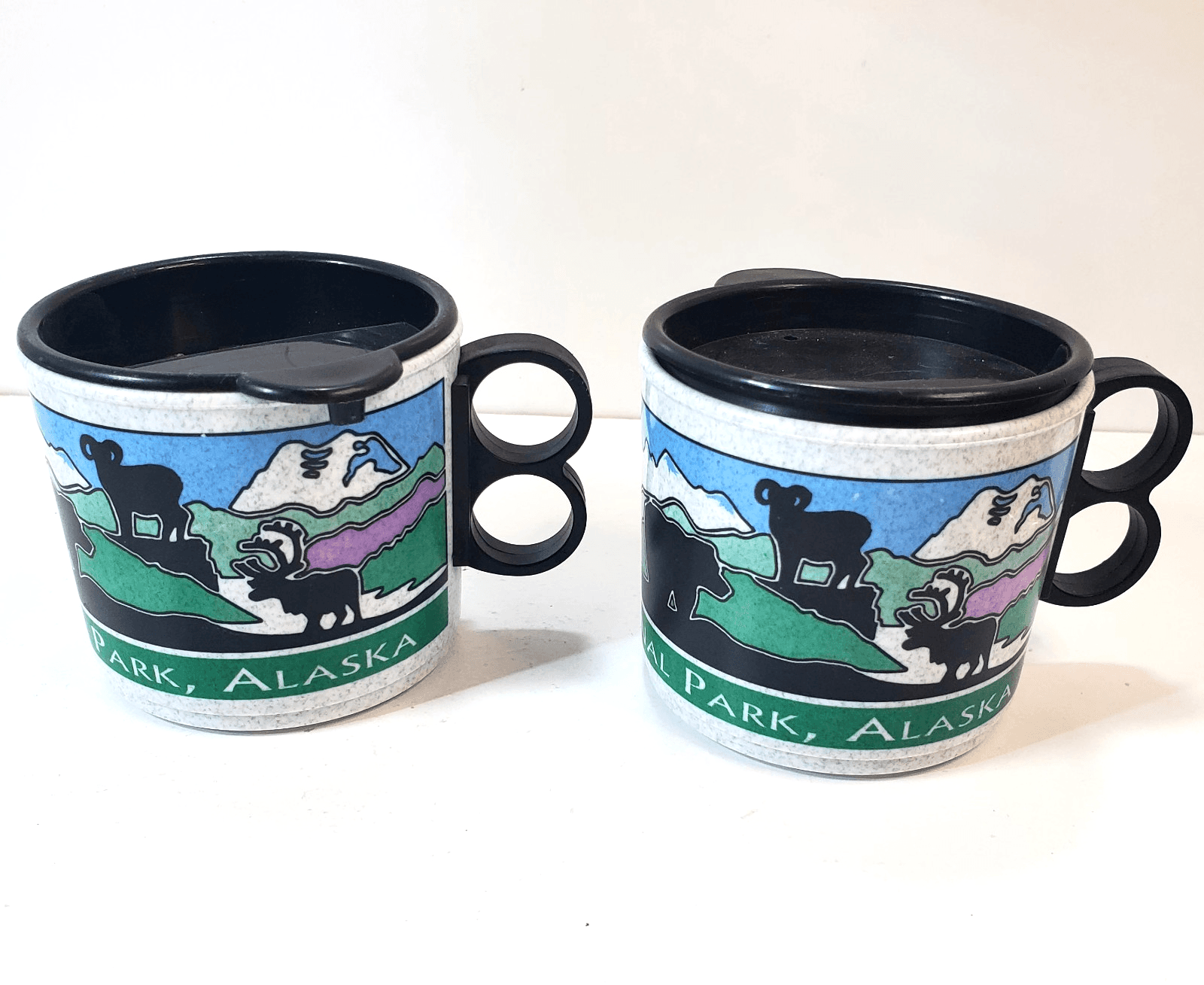 2 Vtg Travel Denali Ntl Park Alaska 8 oz Travel Coffee Mug Cup & Lid Whirley USA