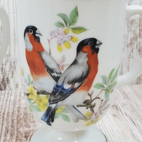 Vintage Song Bird Porcelain Pedestal Coffee Tea Mugs Cups Made in Japan Set of 2 - Thumbnail 2