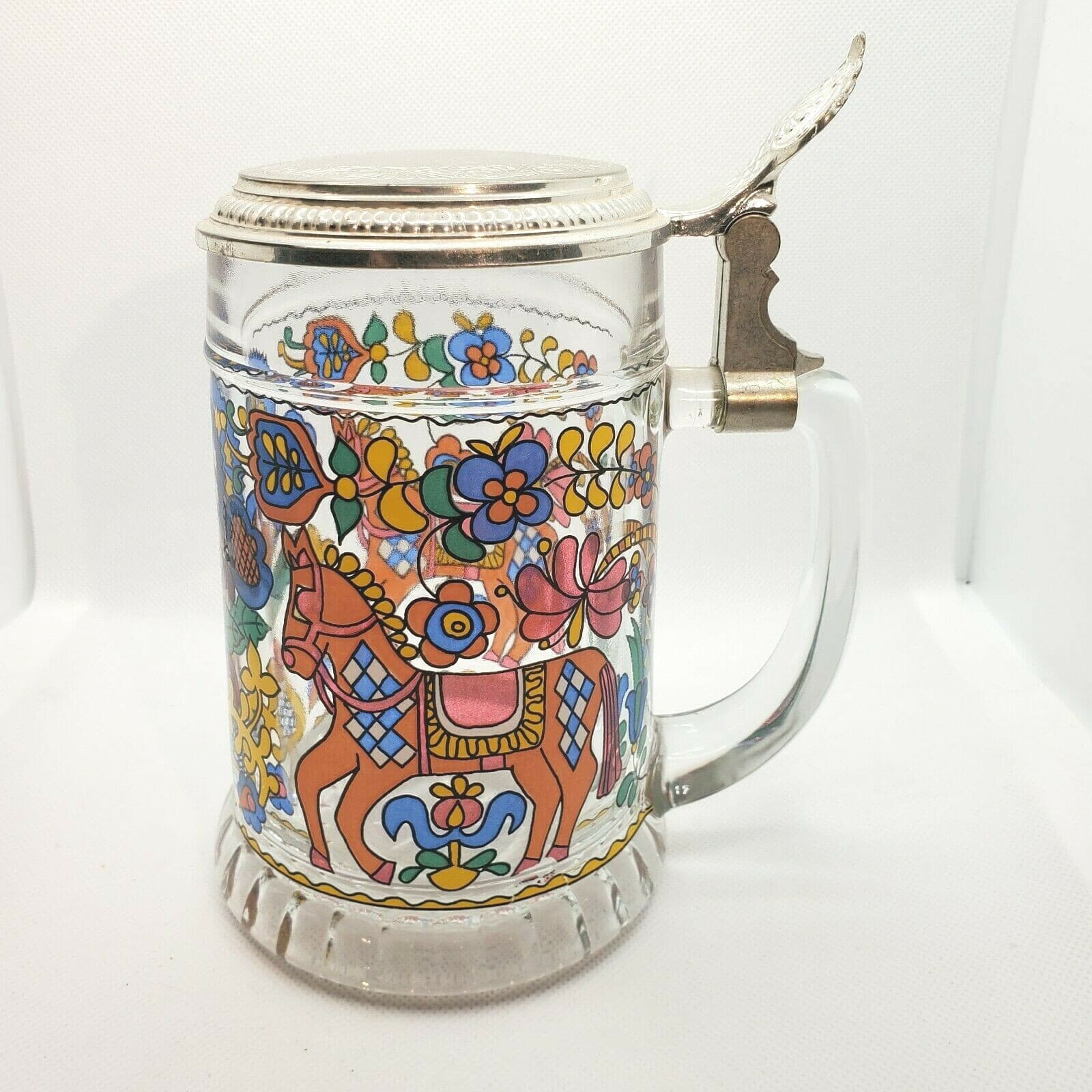BMFN W-Germany Embossed Lidded Colorful Horses Floral Glass Beer Stein Mug - Thumbnail 3