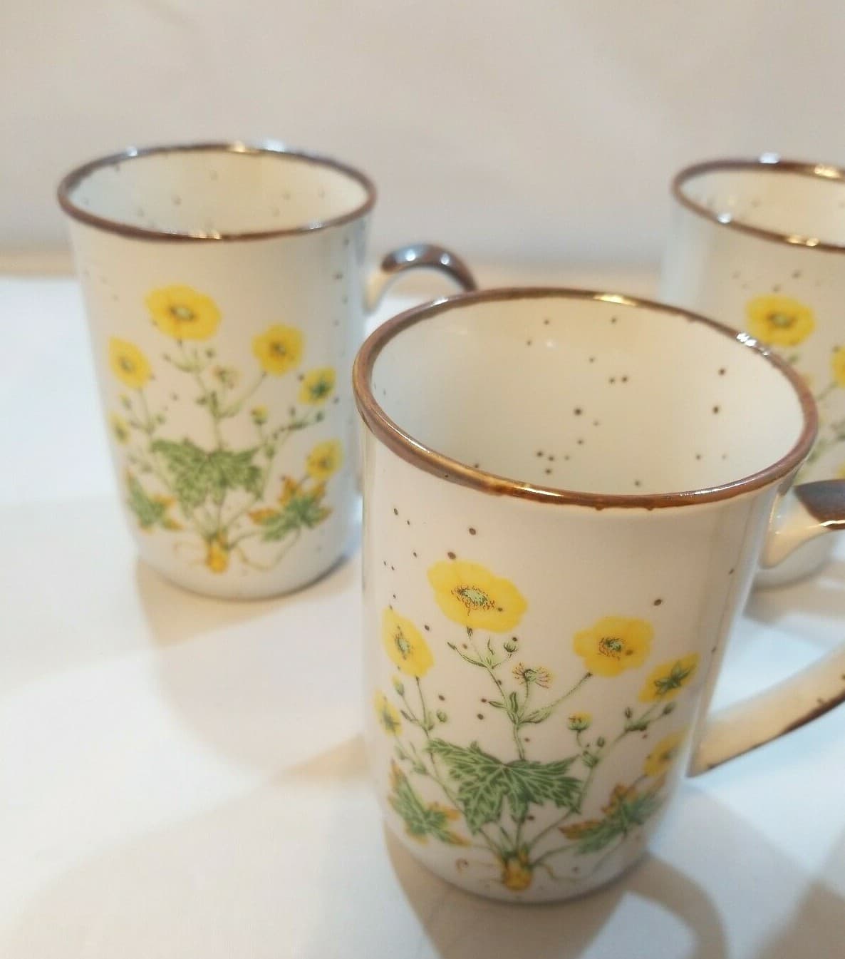 Buttercup Flower Japanese Stoneware Mugs Brown Speckled NO. 104 Japan Set of 4 - Thumbnail 2