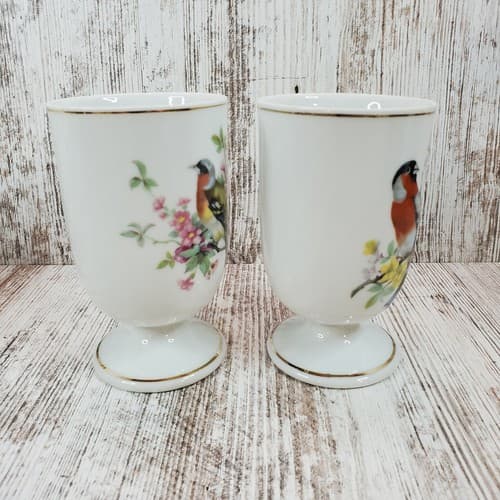 Vintage Song Bird Porcelain Pedestal Coffee Tea Mugs Cups Made in Japan Set of 2 - Thumbnail 4