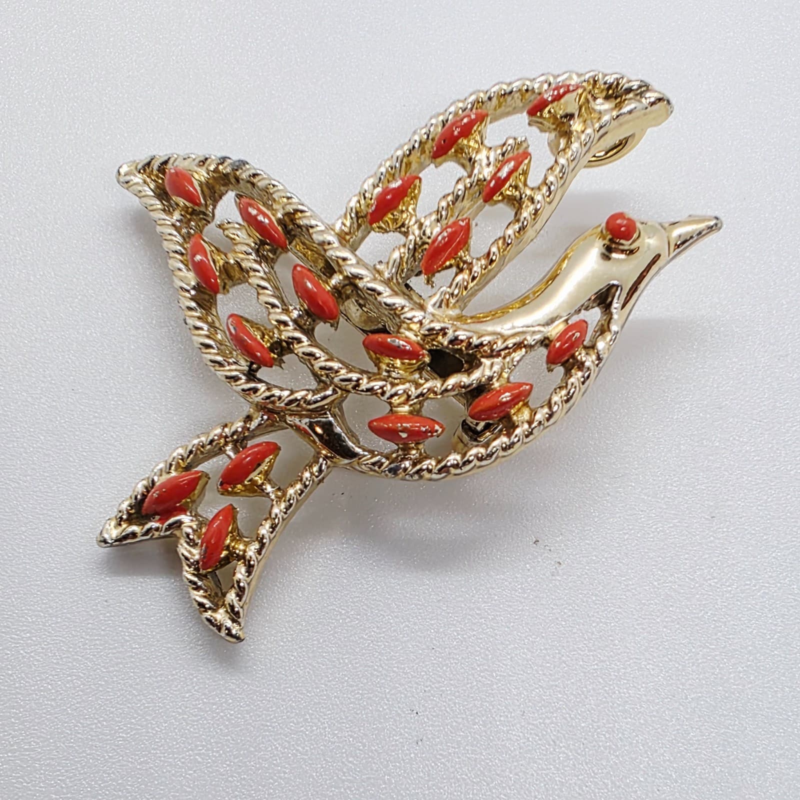 Vintage Gerry's Gold Tone Metal Orange Enamel Open Work Dove Brooch Pin