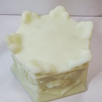 Vtg Fenton Uranium Vaseline Satin Custard Glass Hexagon Floral Footed Planter - Thumbnail 6