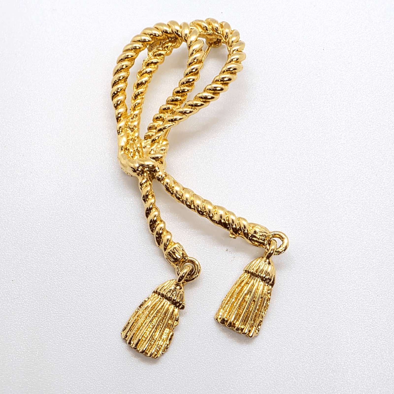 Vintage Gold Tone Metal Double Rope Lasso Dangle Tassels Brooch Pin
