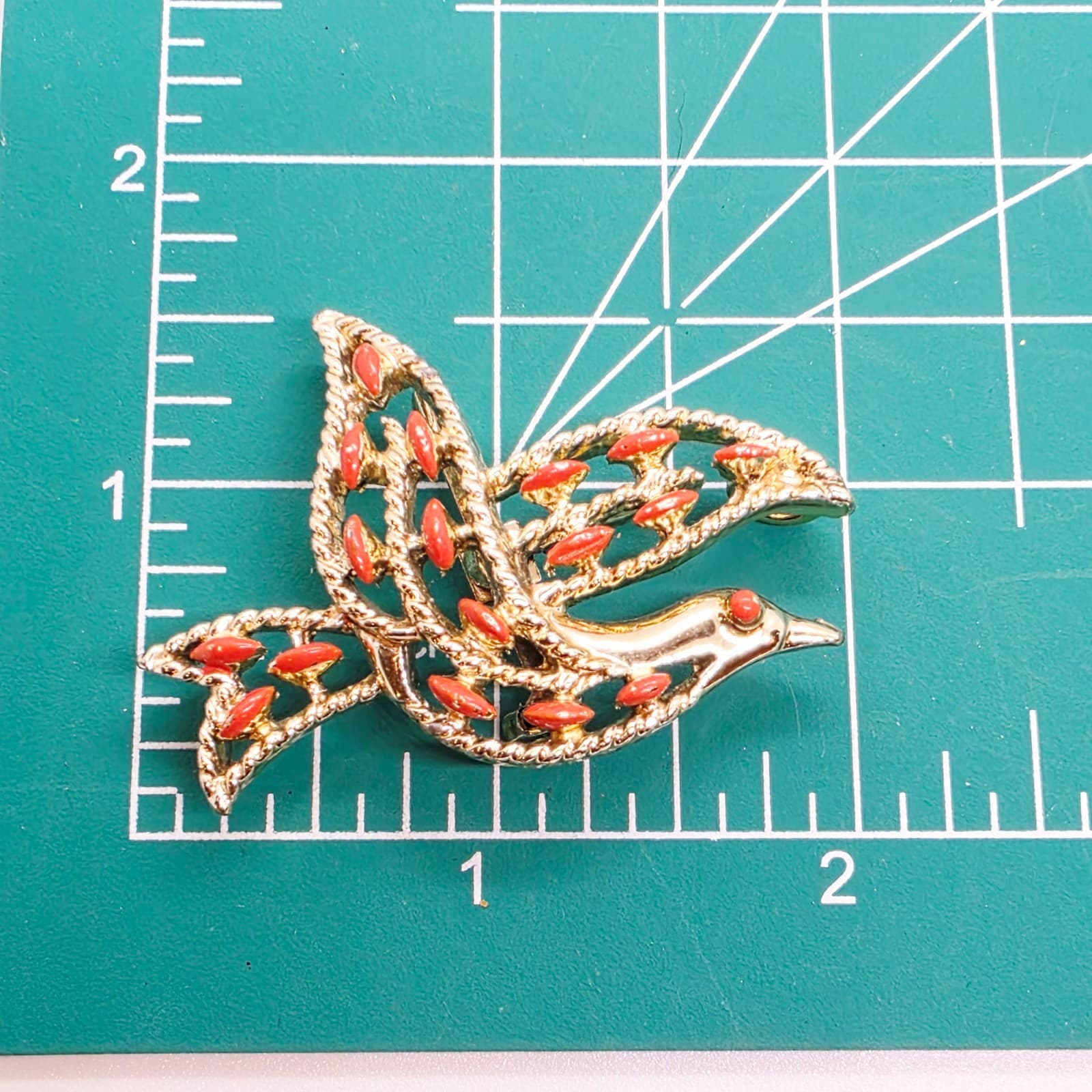 Vintage Gerry's Gold Tone Metal Orange Enamel Open Work Dove Brooch Pin - Thumbnail 4