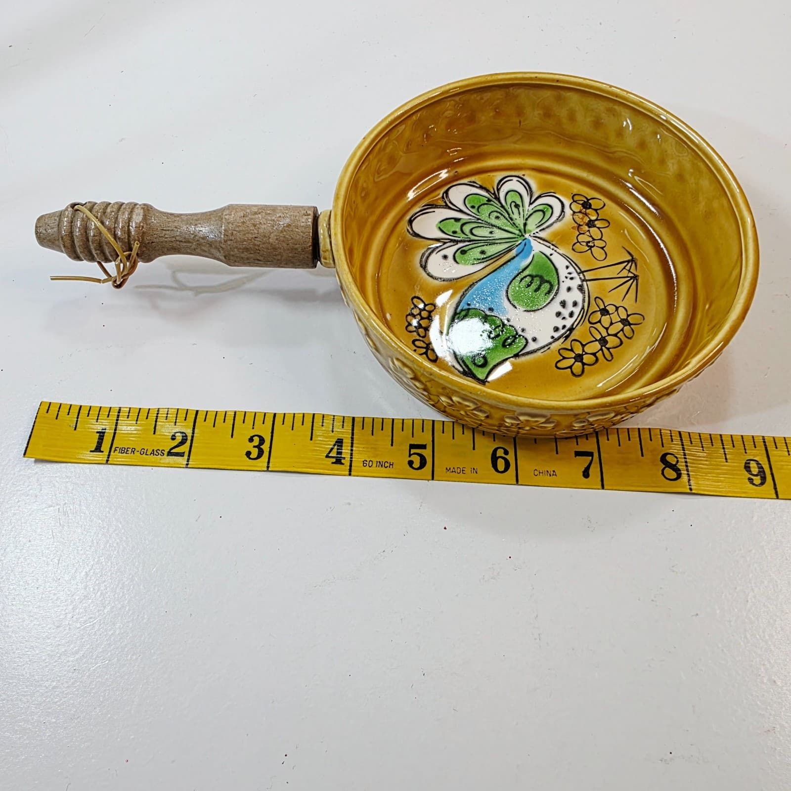 Vintage Ceramic Hanging Pan With Bird Design Wooden Handle Kitchen Wall Decor - Thumbnail 6