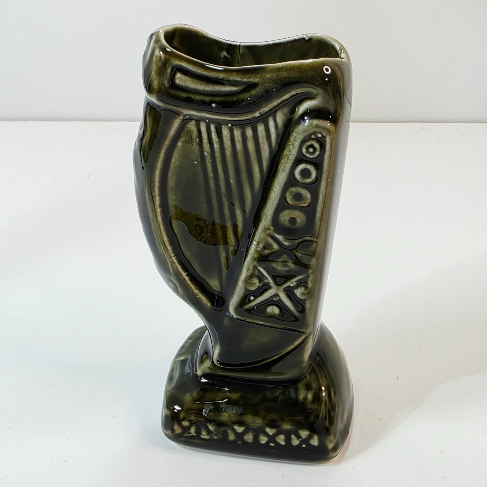 Vintage Green Glazed Ireland Ceramic Small Harp Vase Marked Made In Ireland 5" - Thumbnail 4