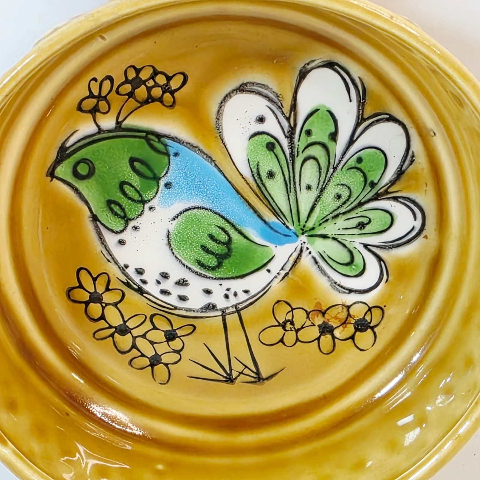 Vintage Ceramic Hanging Pan With Bird Design Wooden Handle Kitchen Wall Decor - Thumbnail 2