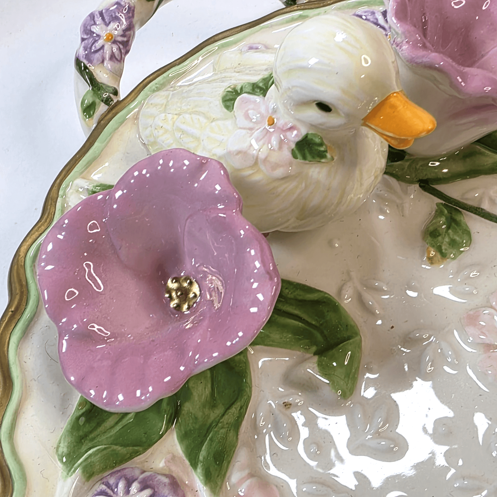 2001 Avon Spring Easter Oval Platter Tray 3D Flowers Chick Duck Handled 13.5" - Thumbnail 3