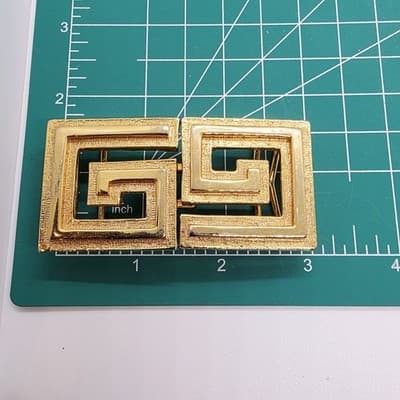Vtg 1986 Signed Mimi Di N Gold Tone Greek Key Design 2 pc Belt Buckle Designer - Thumbnail 8