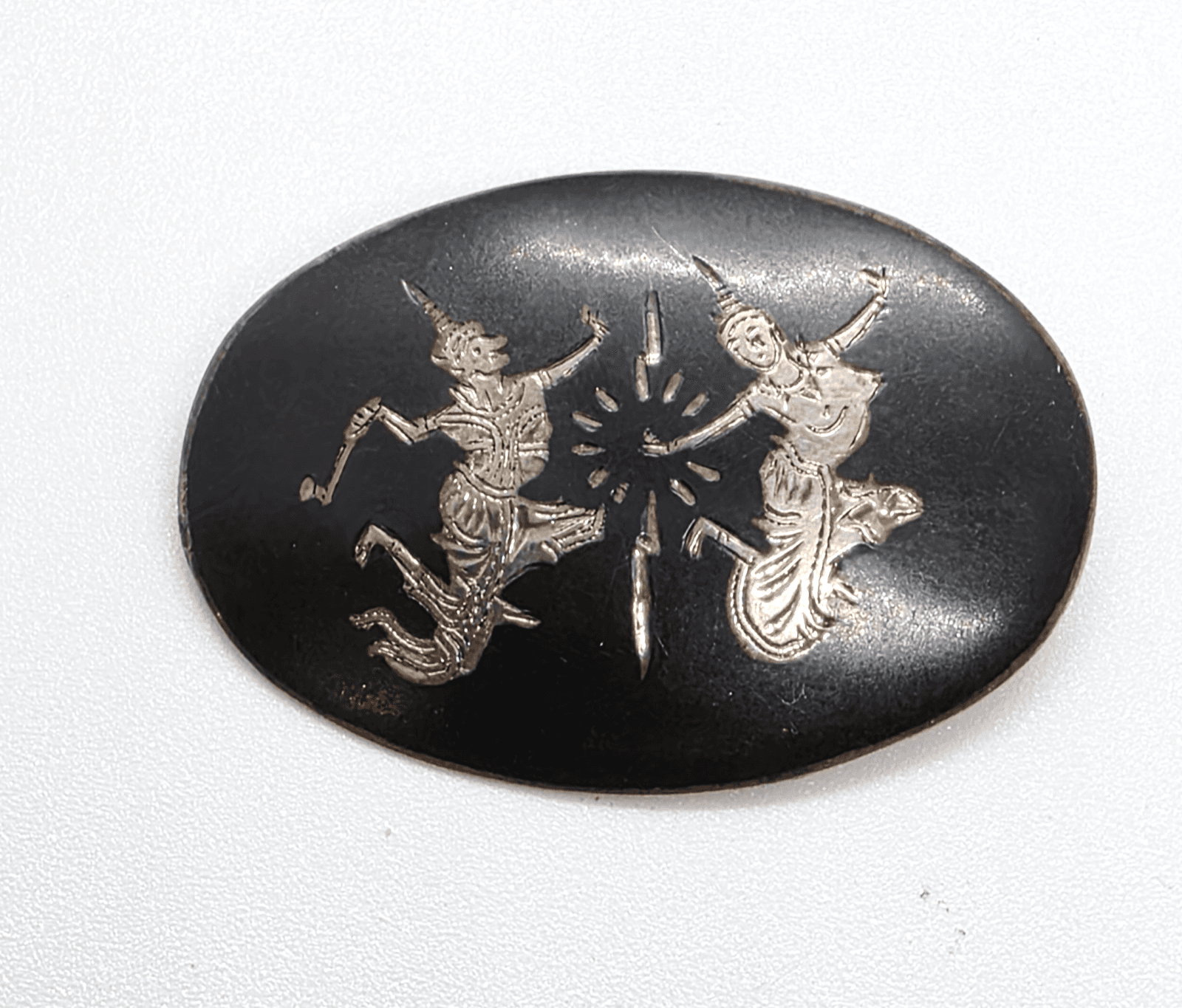 Vintage Siam Sterling Silver Black Etched Goddess Mid Century Oval Brooch Pin
