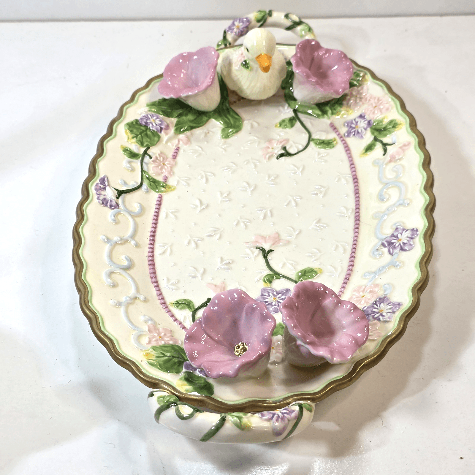 2001 Avon Spring Easter Oval Platter Tray 3D Flowers Chick Duck Handled 13.5" - Thumbnail 2