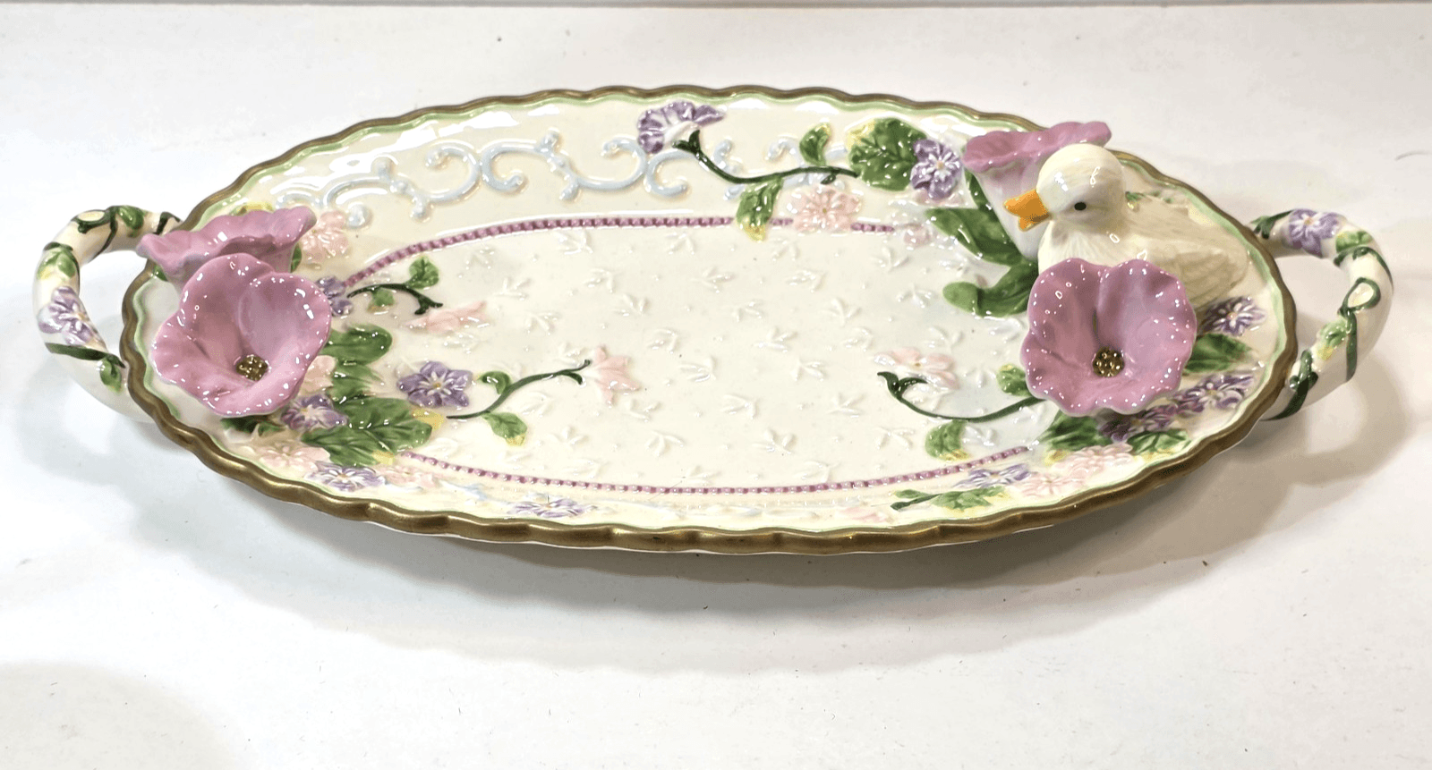 2001 Avon Spring Easter Oval Platter Tray 3D Flowers Chick Duck Handled 13.5"