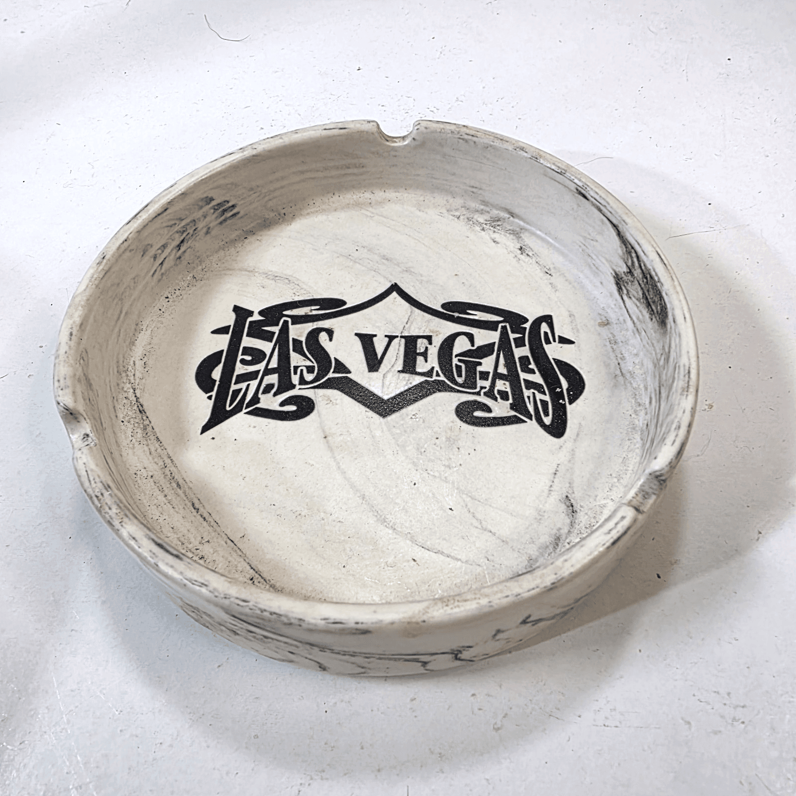 Vintage Las Vegas Black White Marbled Ceramic Ashtray