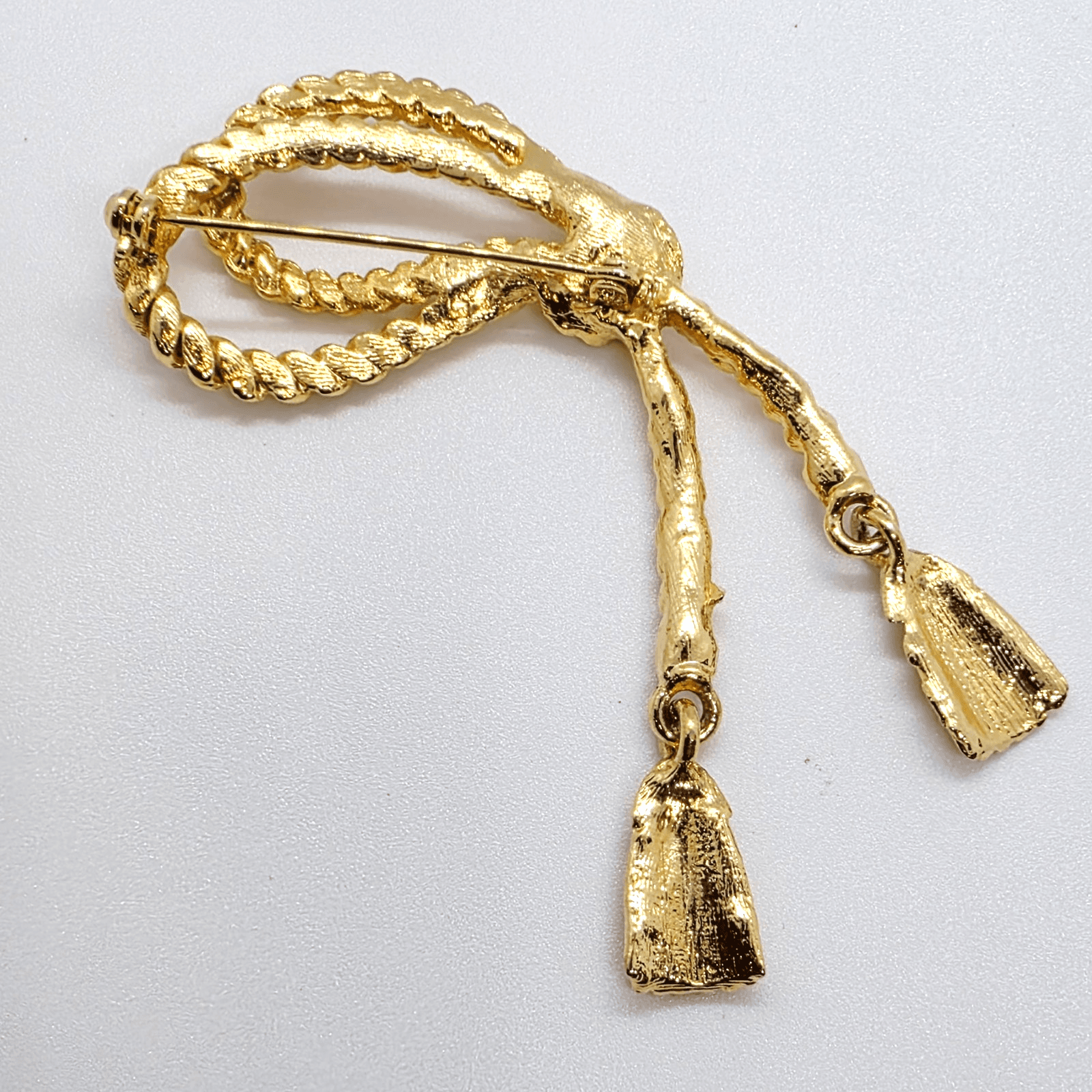 Vintage Gold Tone Metal Double Rope Lasso Dangle Tassels Brooch Pin - Thumbnail 3