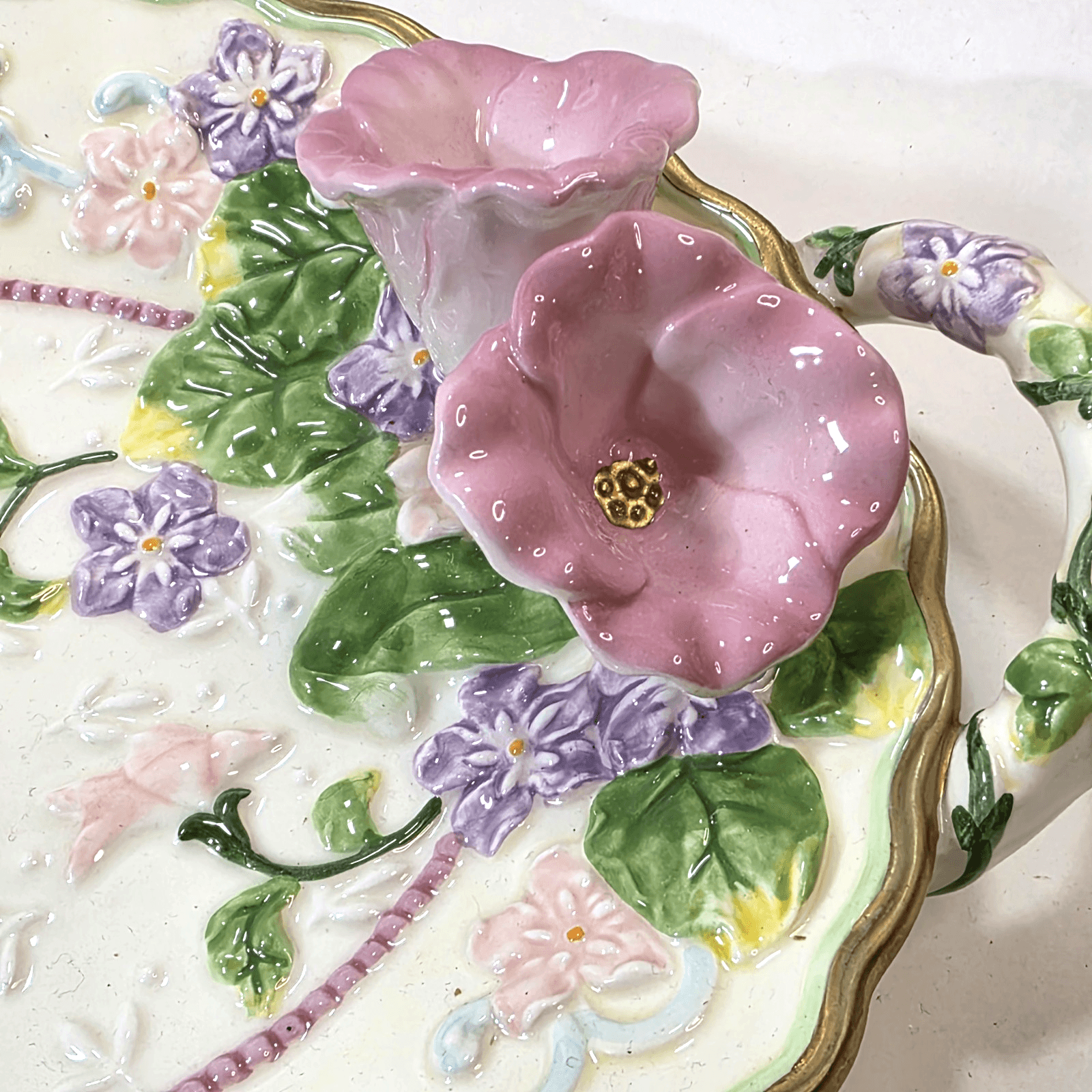 2001 Avon Spring Easter Oval Platter Tray 3D Flowers Chick Duck Handled 13.5" - Thumbnail 5