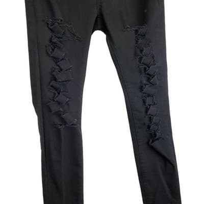 Ling Junior Fashion Jeans Black Damaged Ribbon Cut Destroyed Skinny Size 3/4 - Thumbnail 4
