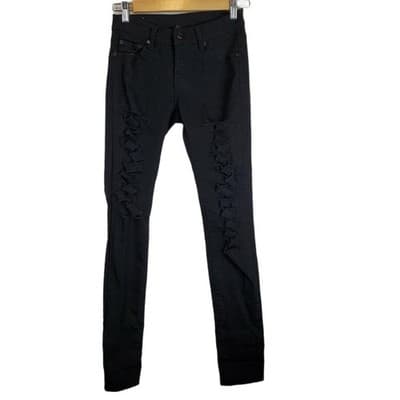 Ling Junior Fashion Jeans Black Damaged Ribbon Cut Destroyed Skinny Size 3/4 - Thumbnail 5