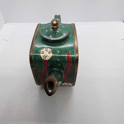 Vtg Metal Miniature Christmas Teapot Painted Drums And Bells ( For Display Only) - Thumbnail 2