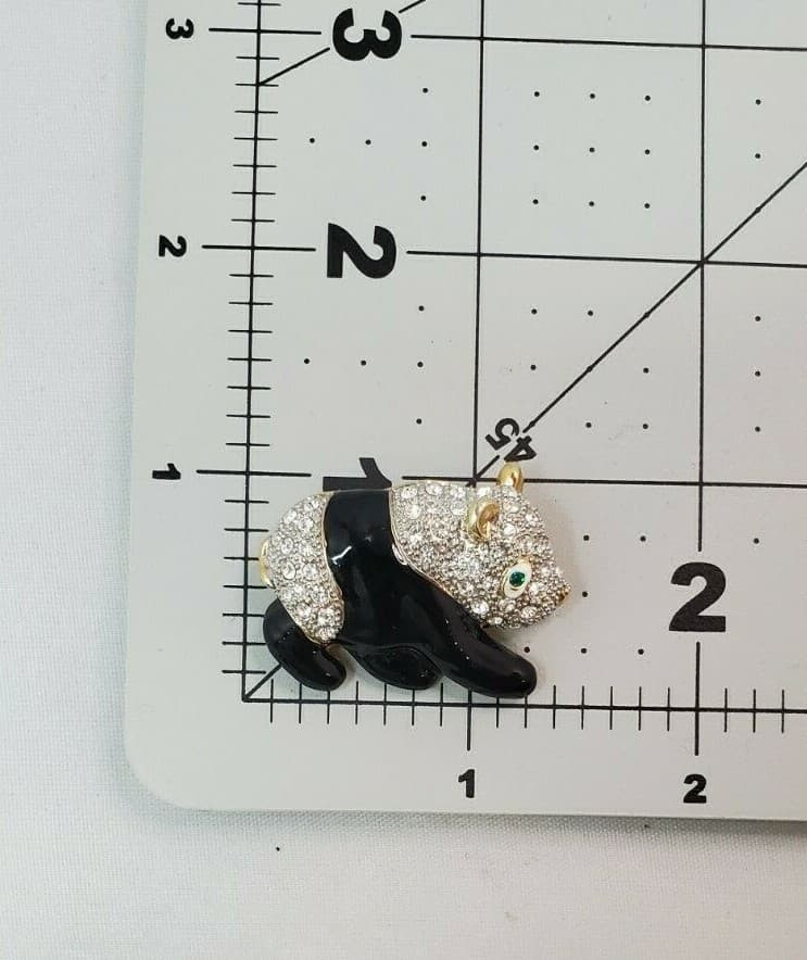 Gold Tone Metal Black Enamel Clear Green Rhinestone Panda Bear Brooch Pin - Thumbnail 3