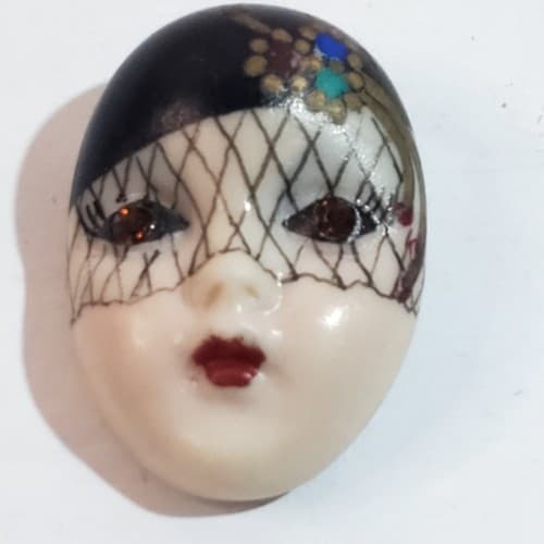Vintage Signed Adagio Porcelain Hand-painted Face Crystal Eyes Pin Brooch