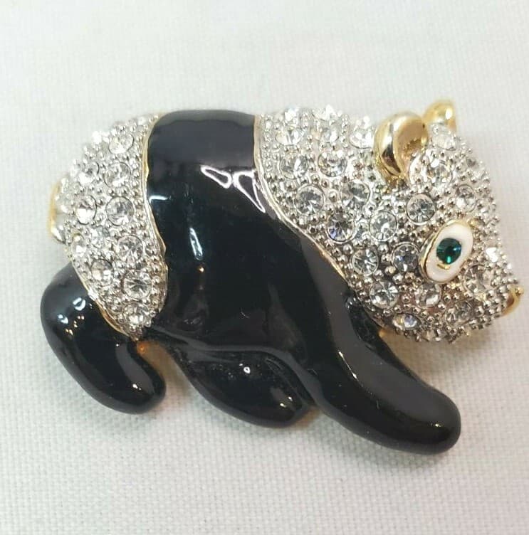 Gold Tone Metal Black Enamel Clear Green Rhinestone Panda Bear Brooch Pin