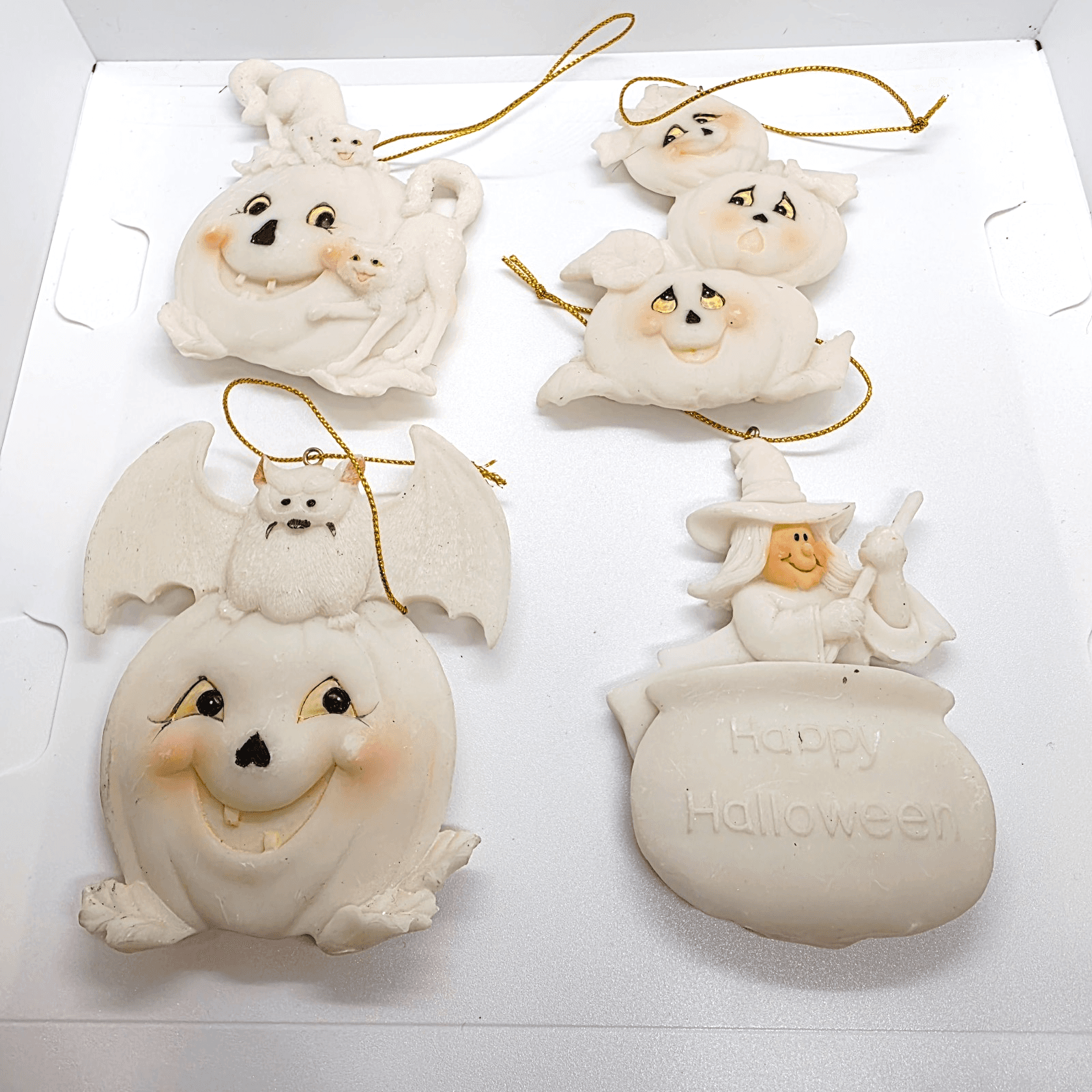 4 Vintage Ceramic Resin Halloween Ornaments Witch Bat Cats Pumpkin Off White