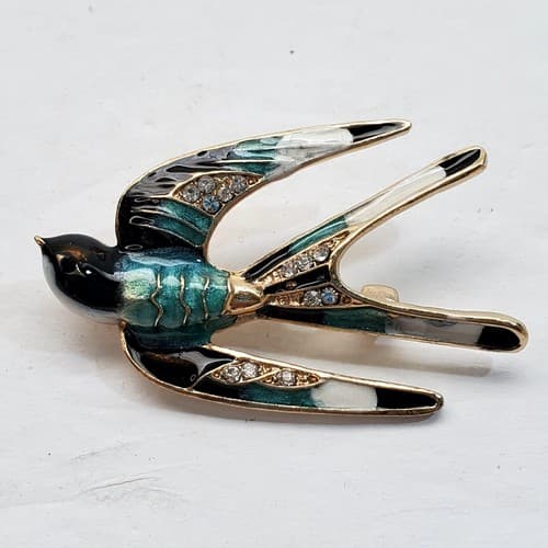 Gold Tone Metal Enamel Clear Rhinestones Swooping Swallow Brooch Pin