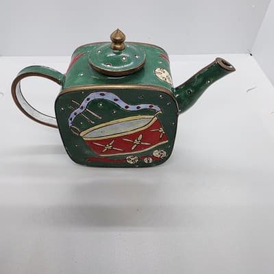 Vtg Metal Miniature Christmas Teapot Painted Drums And Bells ( For Display Only) - Thumbnail 3
