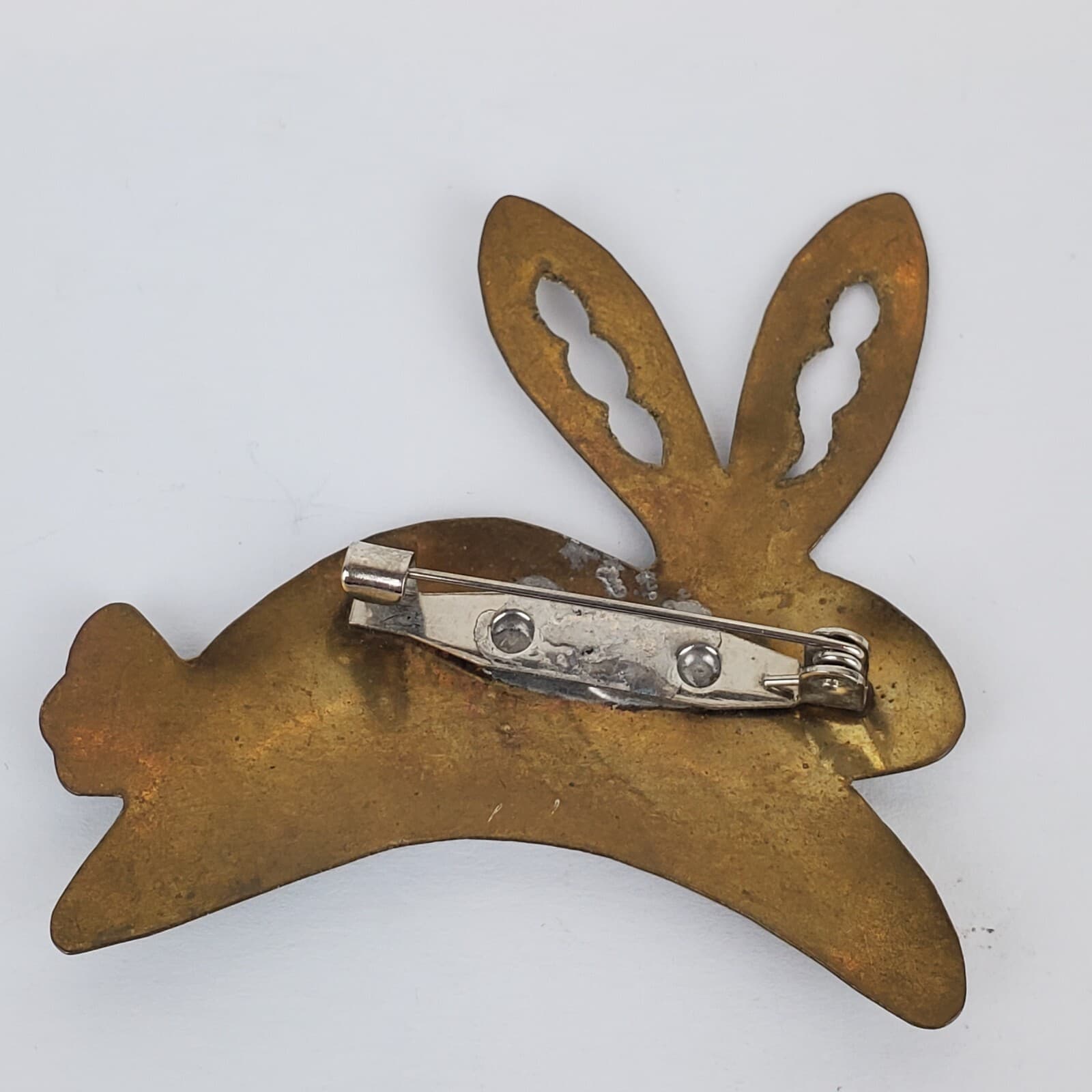 Bronze Tone Thin Metal Folk Art Rustic Jumping Bunny Rabbit Brooch Pin Easter - Thumbnail 2