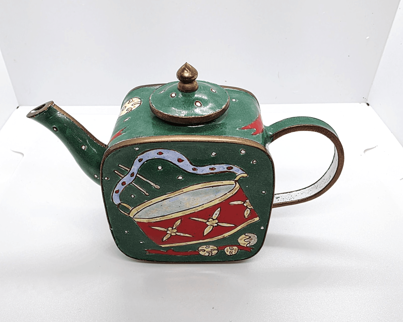 Vtg Metal Miniature Christmas Teapot Painted Drums And Bells ( For Display Only)