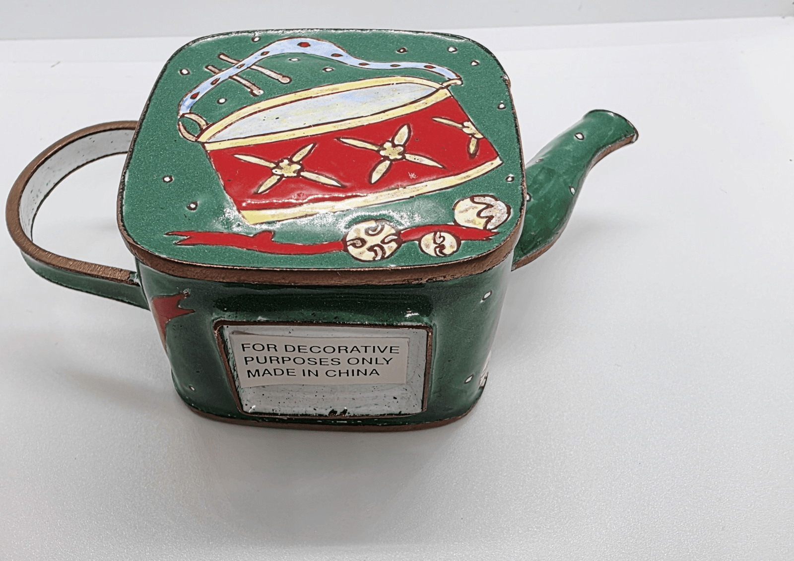 Vtg Metal Miniature Christmas Teapot Painted Drums And Bells ( For Display Only) - Thumbnail 5