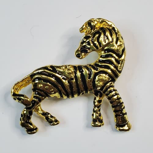 Vintage Gold Tone Metal with Black Enamel Stripes Sassy Zebra Brooch Pin