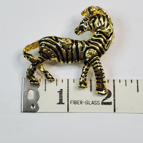 Vintage Gold Tone Metal with Black Enamel Stripes Sassy Zebra Brooch Pin - Thumbnail 3