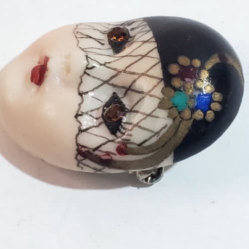 Vintage Signed Adagio Porcelain Hand-painted Face Crystal Eyes Pin Brooch - Thumbnail 2