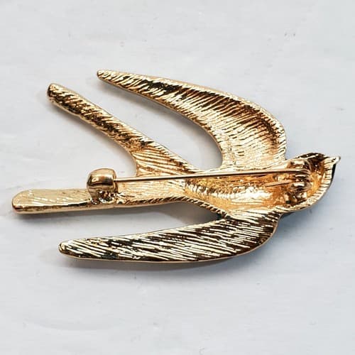 Gold Tone Metal Enamel Clear Rhinestones Swooping Swallow Brooch Pin - Thumbnail 2