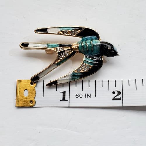 Gold Tone Metal Enamel Clear Rhinestones Swooping Swallow Brooch Pin - Thumbnail 3