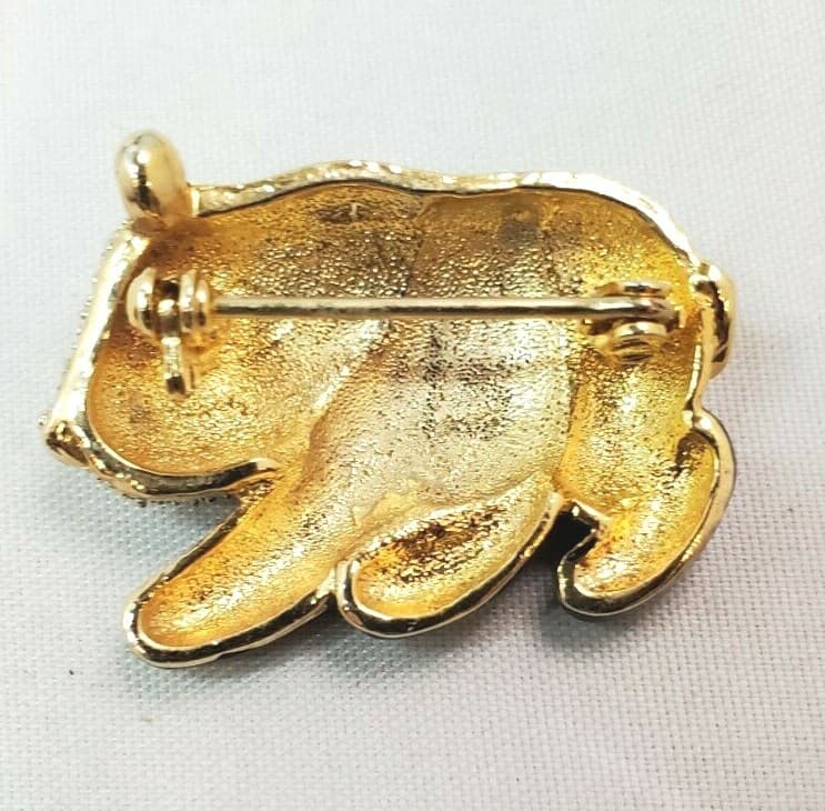 Gold Tone Metal Black Enamel Clear Green Rhinestone Panda Bear Brooch Pin - Thumbnail 2
