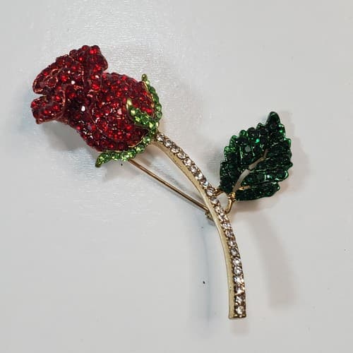 Vintage Metal & Red Green Encrusted Rhinestones Flower Rose Brooch Pin Jewelry