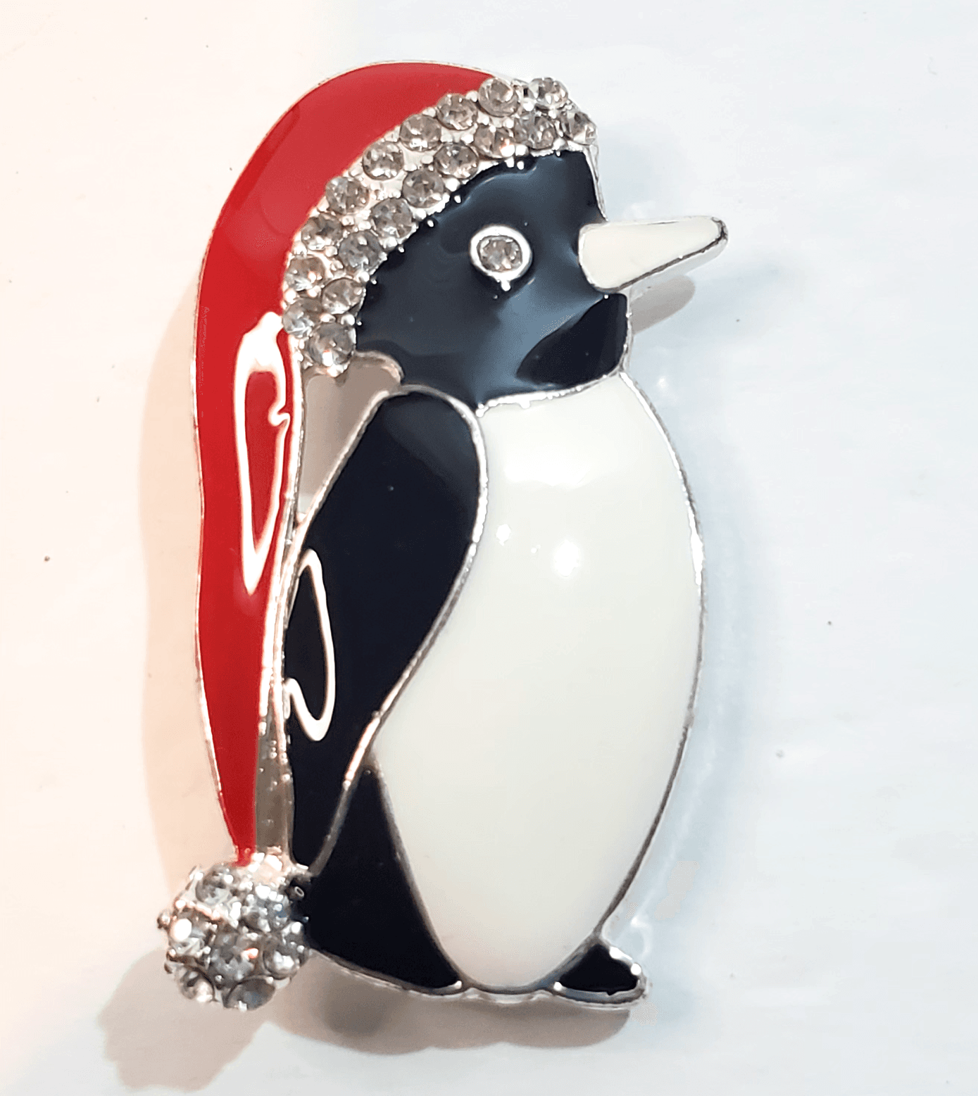 Silver Tone Metal Black Red Enamel Rhinestones Penguin w/ Santa Hat Brooch Pin