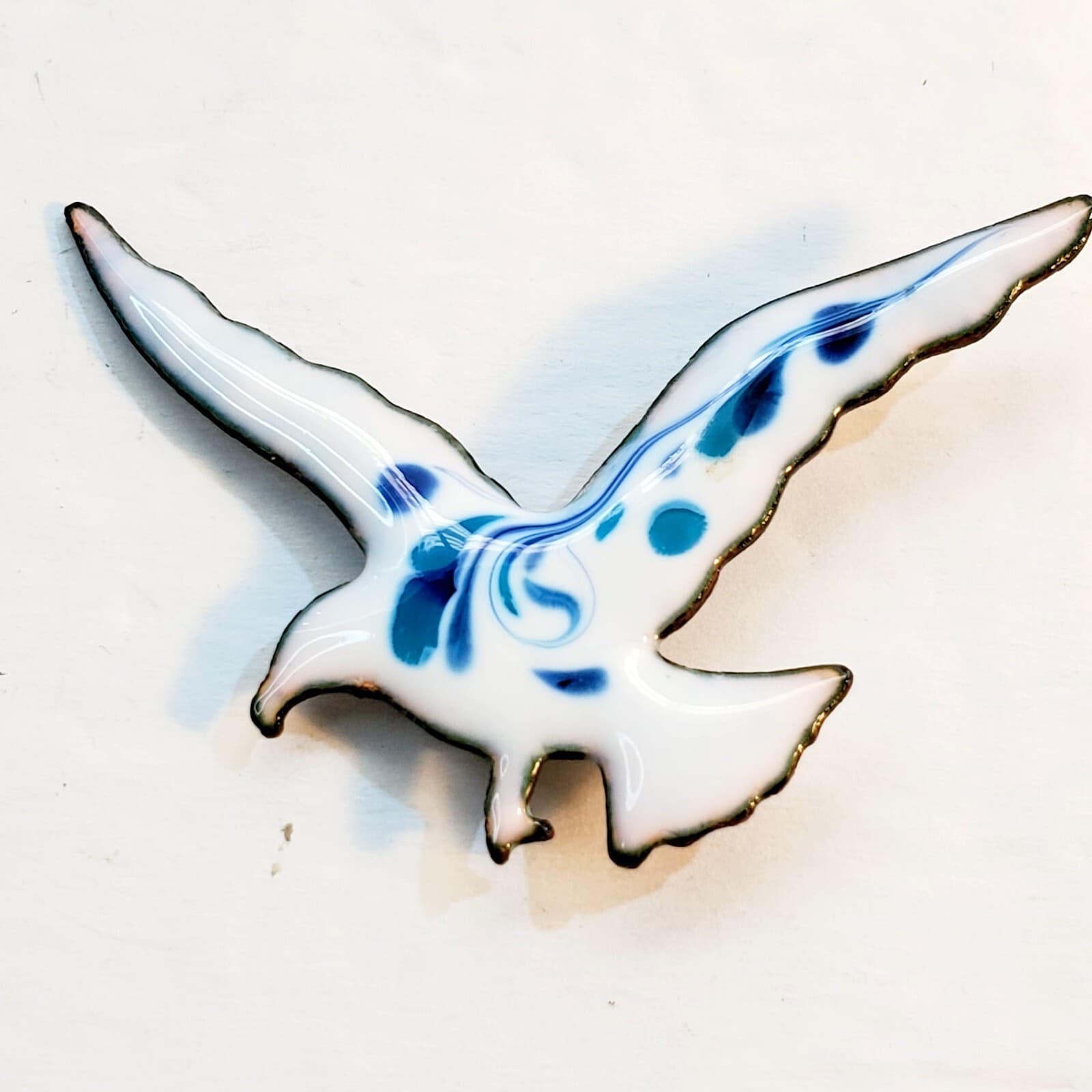 Vintage Enamel Over Copper Flying Seagull Brooch Pin Bird Nautical Beach Ocean