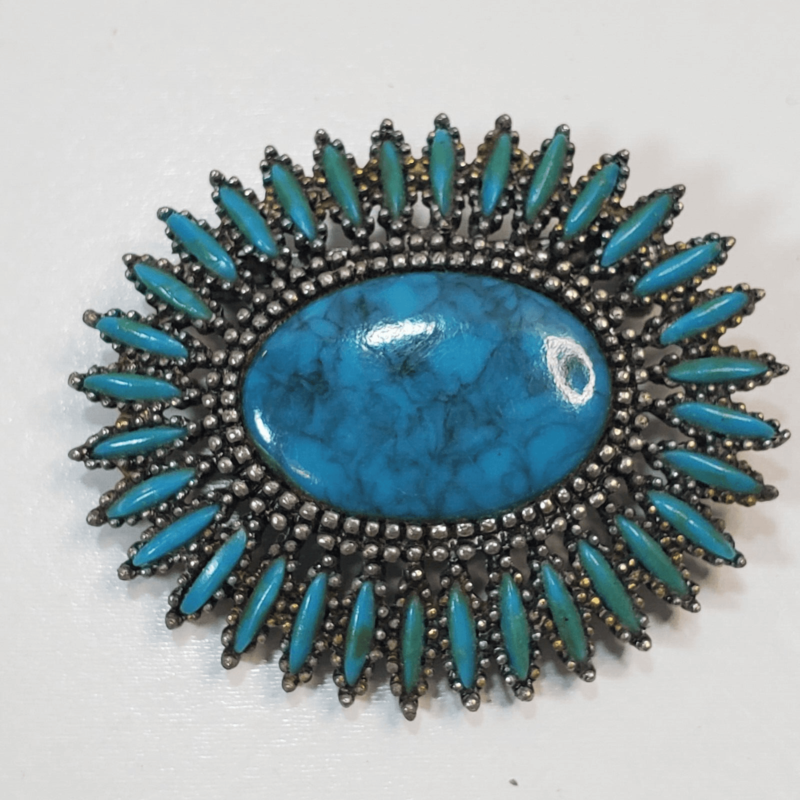 Vintage Petit Point Faux Turquoise Cabochon Southwestern Starburst Brooch Pin