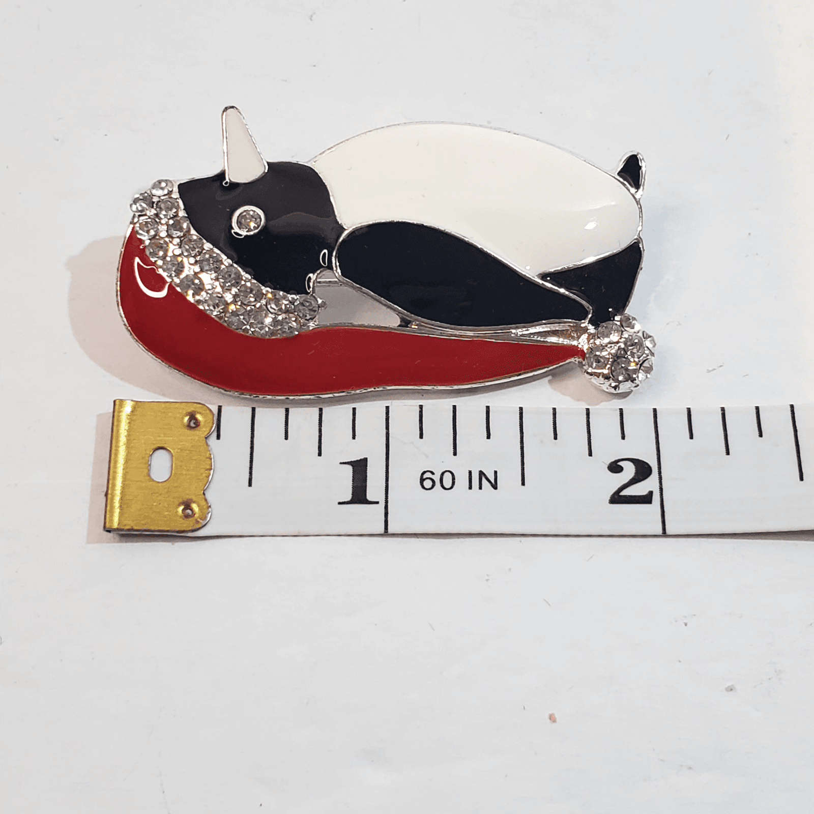 Silver Tone Metal Black Red Enamel Rhinestones Penguin w/ Santa Hat Brooch Pin - Thumbnail 3