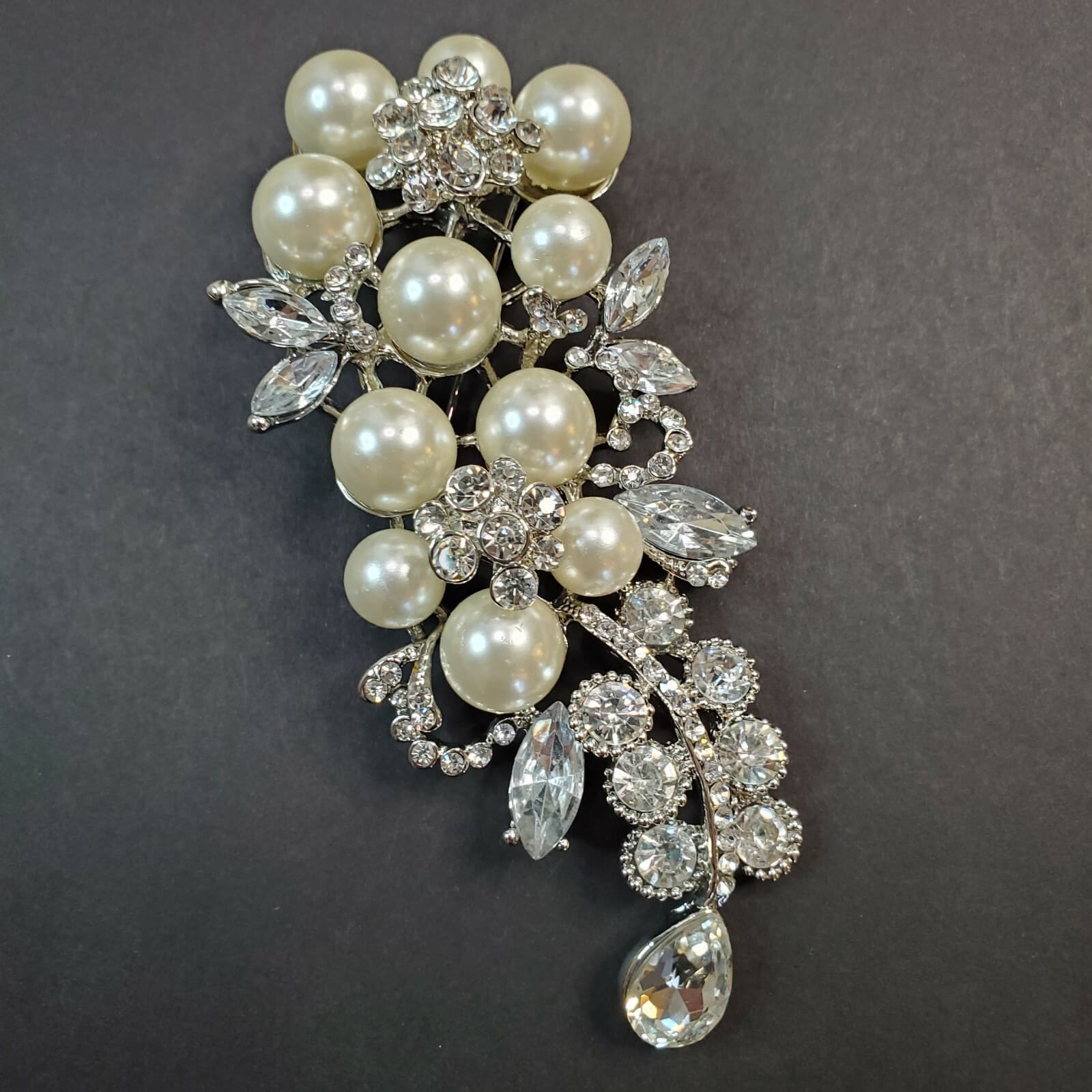 Vtg Silver Tone Cluster Faux Pearls Rhinestones Floral Spray Brooch or Pendant