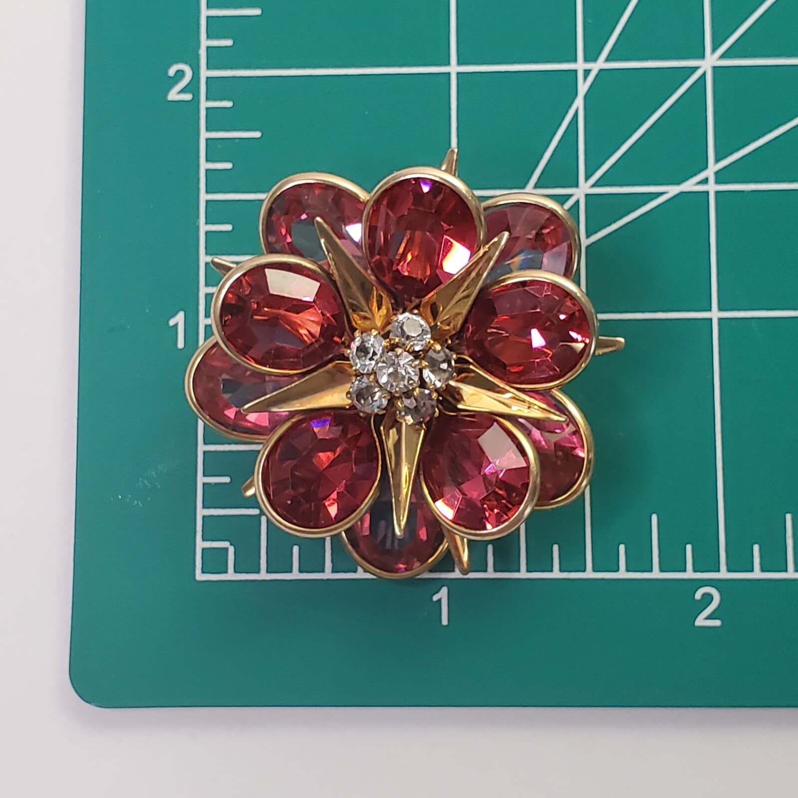 Vtg MCM Signed CRC 1/20 12K GF Faceted Rhinestone Atomic Starburst Flower Brooch - Thumbnail 6